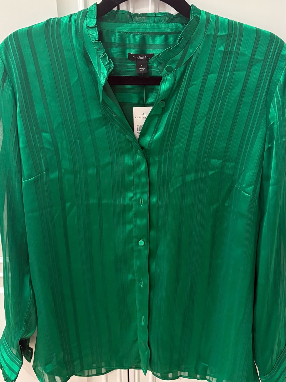 Ann Taylor Factory Green Satin Stripe Button-Down Blouse